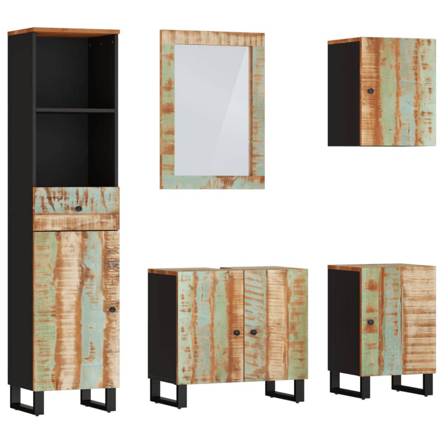 The Living Store Badkamermeubelset - Gerecycled hout - Opbergruimte - Wandgemonteerd - Stabiele poten - Praktisch ontwerp - Duidelijke weerspiegeling