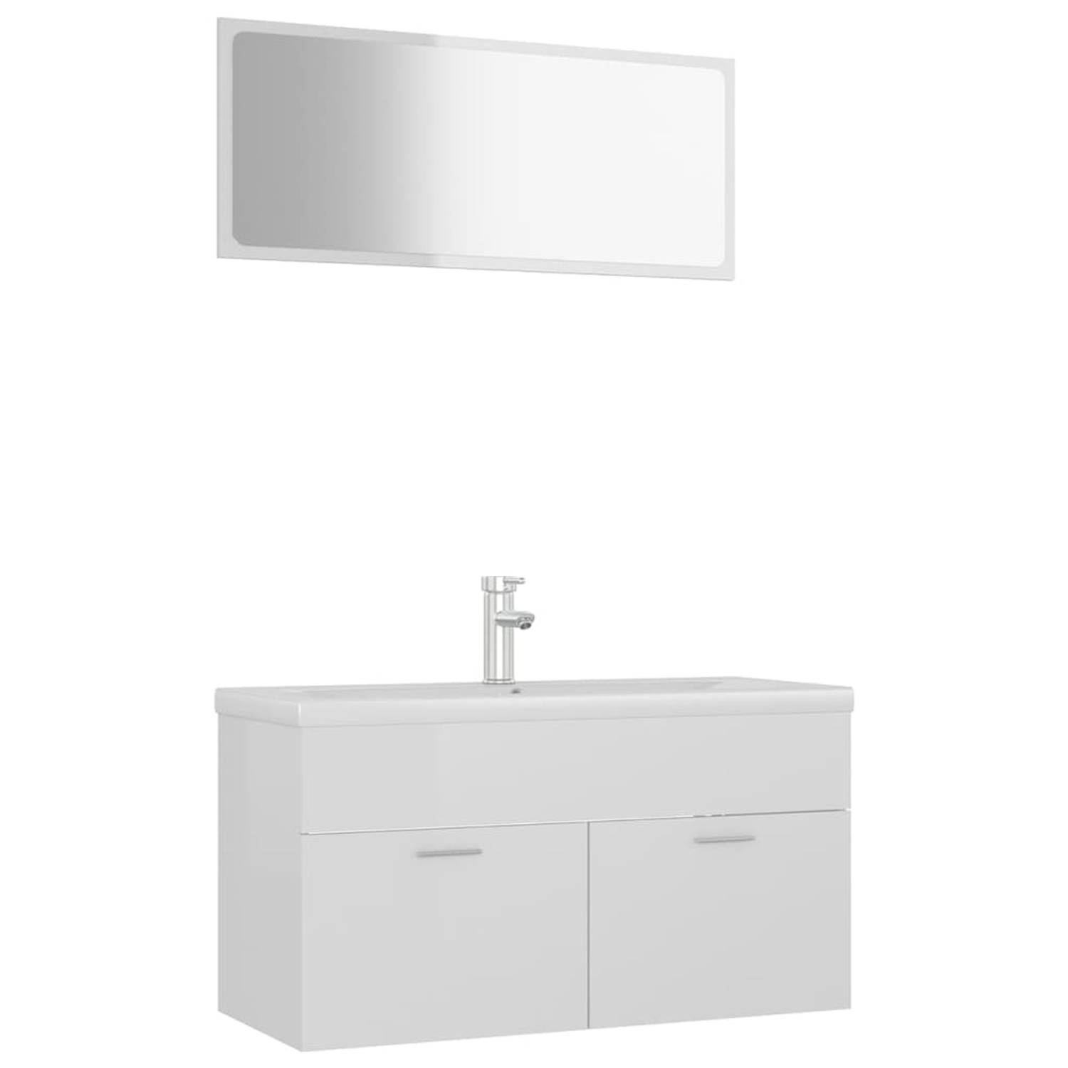 The Living Store Badkamermeubelset - Hoogglans wit - 90 x 38.5 x 46 cm - Keramieken inbouwwastafel - Met kraan - Inclusief spiegel