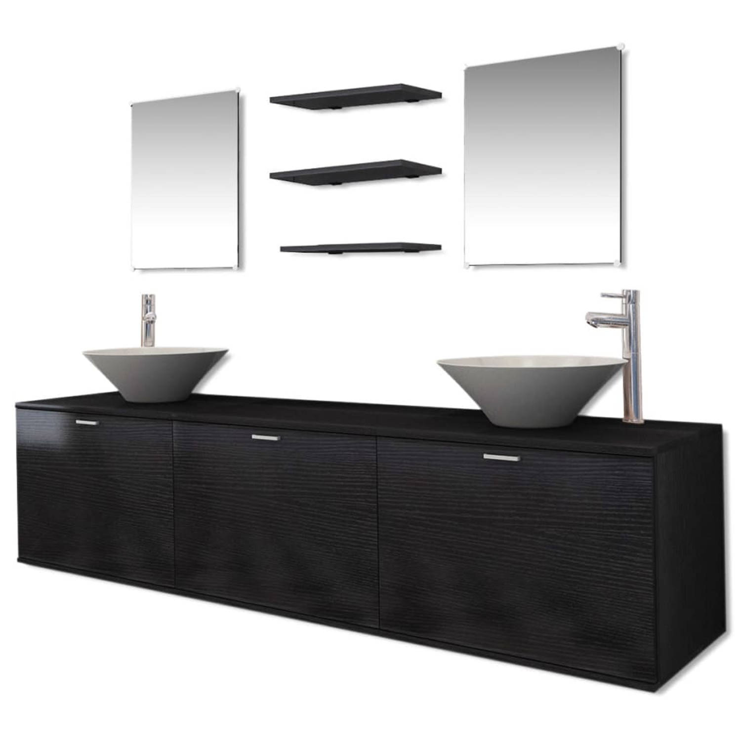The Living Store Badkamermeubel - zwart - spaanplaat - 180 x 45 x 45 cm - 3-deurs - incl - 2 spiegels - 3 planken - 2 wasbakken en 2 kranen