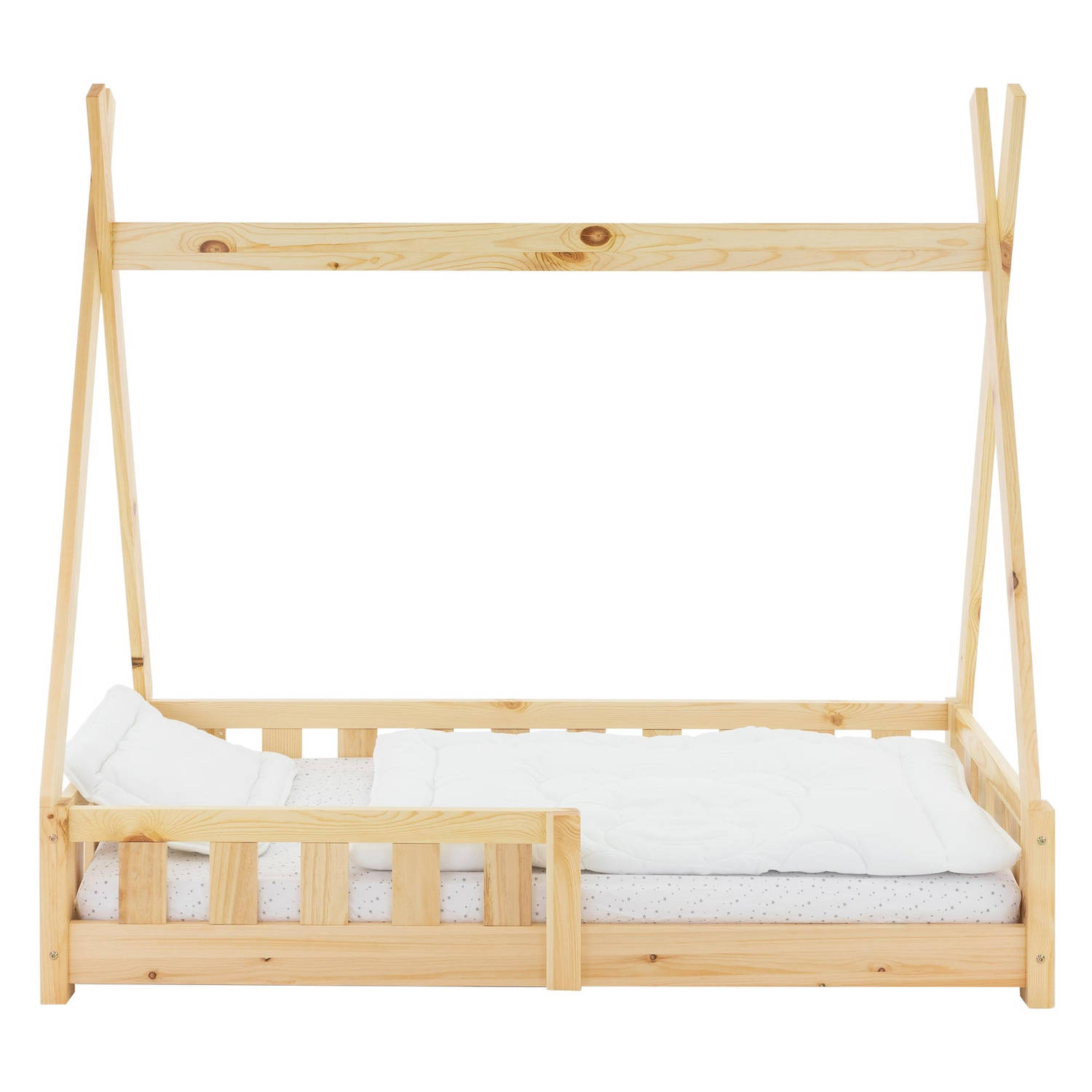 ML-Design kinderbed tipi met uitvalbeveiliging en lattenbodem, 70x140 cm, huisbed naturel, indianenbed van massief grenen hout, kinderhuis jeugdbed houten bed huis speelbed kinderb