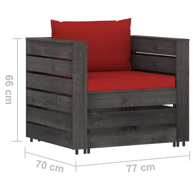 The Living Store Pallet Loungeset - Houten - Grenenhout - Grijs geïmpregneerd - Rood kussen