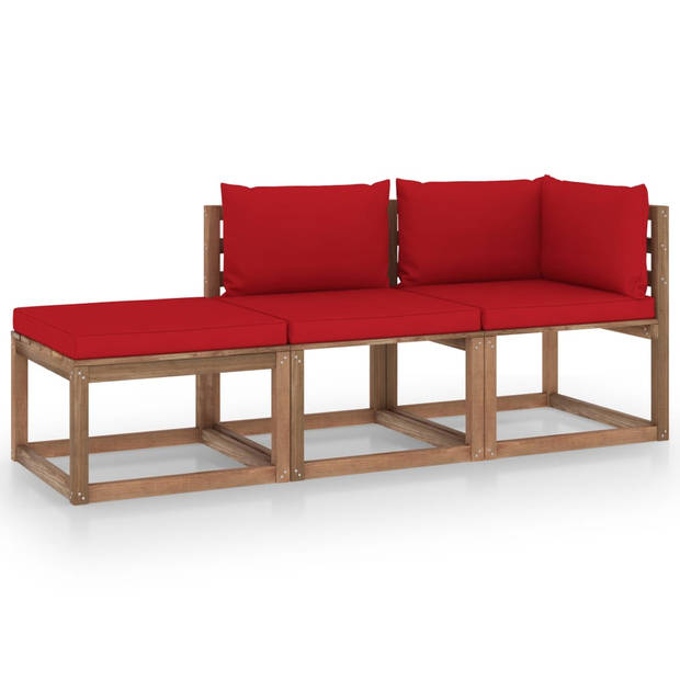 The Living Store Pallet Loungeset - Grenenhout - Rood kussen - 6 cm dik zitkussen - 13 cm dik achter/zijkussen