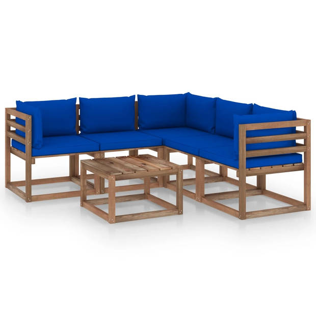The Living Store Tuinset - Grenenhout - Blauwe kussens - 60x60x36.5 cm - Inclusief tafel - 2 middenbanken - 3