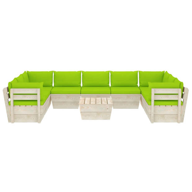 The Living Store Pallet Tuinset - 10-delig - Hout - 60x60x65 cm - Groene kussens