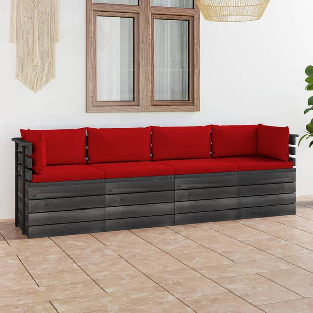 The Living Store Palletbank - Grenenhout - 60 x 65 x 71.5 cm - Rood kussen