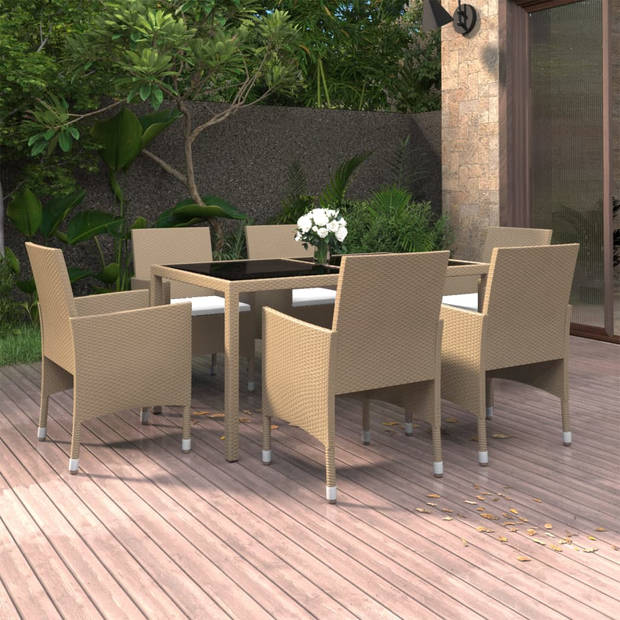 vidaXL 7-delige Tuinset poly rattan en gehard glas beige