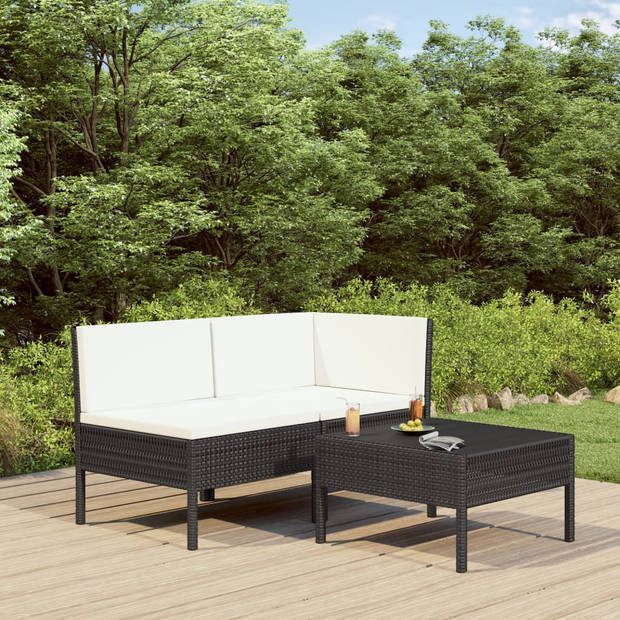 vidaXL 3-delige Loungeset met kussens poly rattan zwart