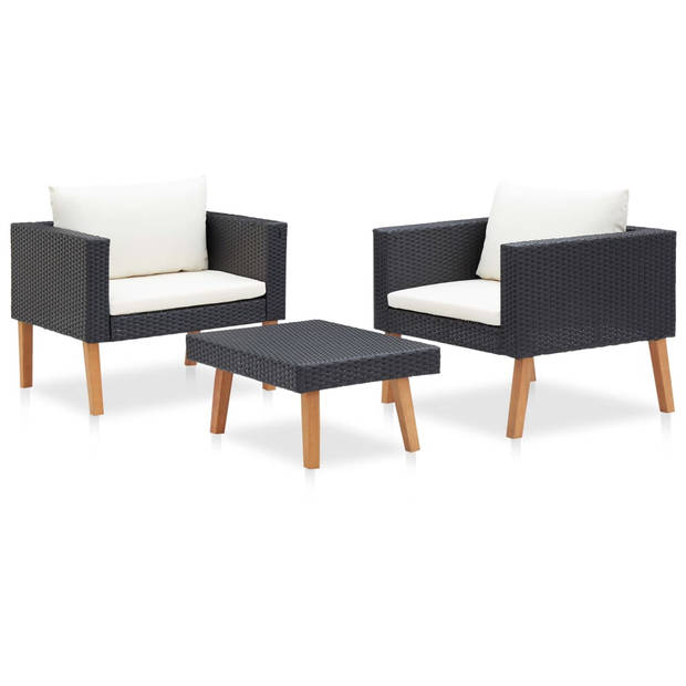 vidaXL 3-delige Loungeset met kussens poly rattan zwart