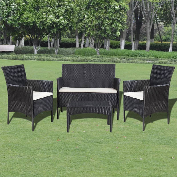 vidaXL 4-delige Loungeset met kussens poly rattan zwart