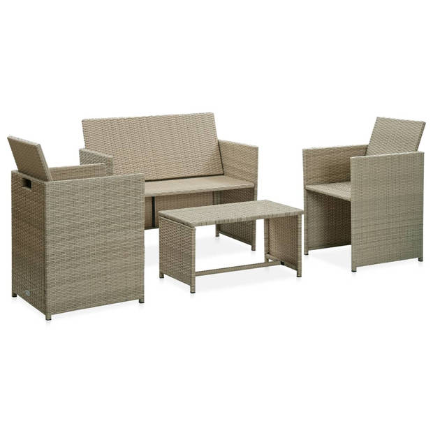 vidaXL 4-delige Loungeset met kussens poly rattan beige