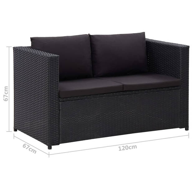 vidaXL 3-delige Loungeset met kussens poly rattan zwart