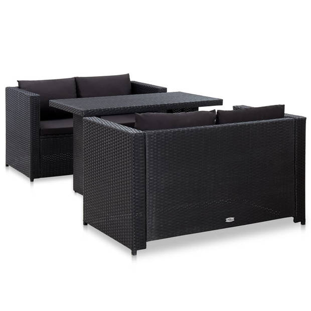 vidaXL 3-delige Loungeset met kussens poly rattan zwart