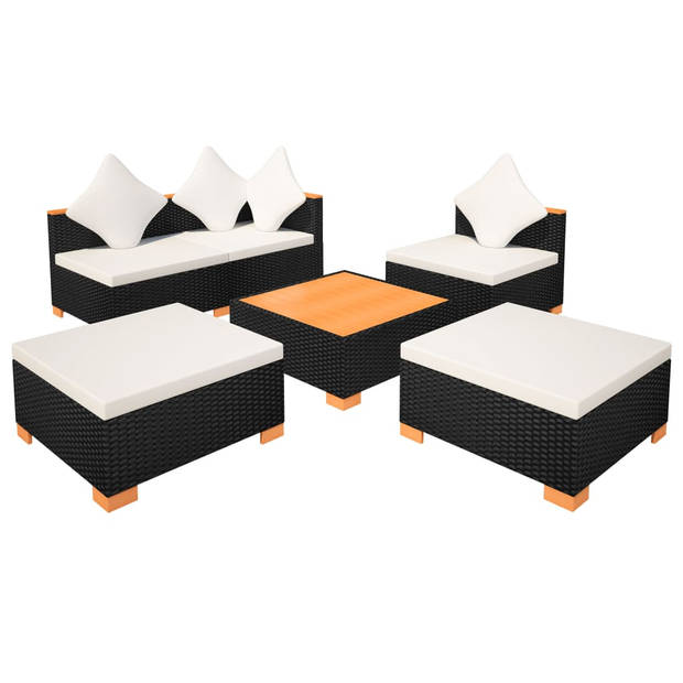 vidaXL 6-delige Loungeset met kussens poly rattan zwart