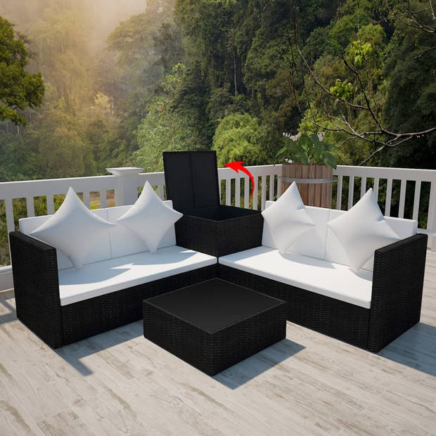 vidaXL 4-delige Loungeset met kussens poly rattan zwart