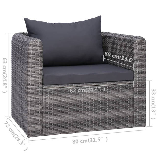 vidaXL 6-delige Loungeset met kussens poly rattan grijs