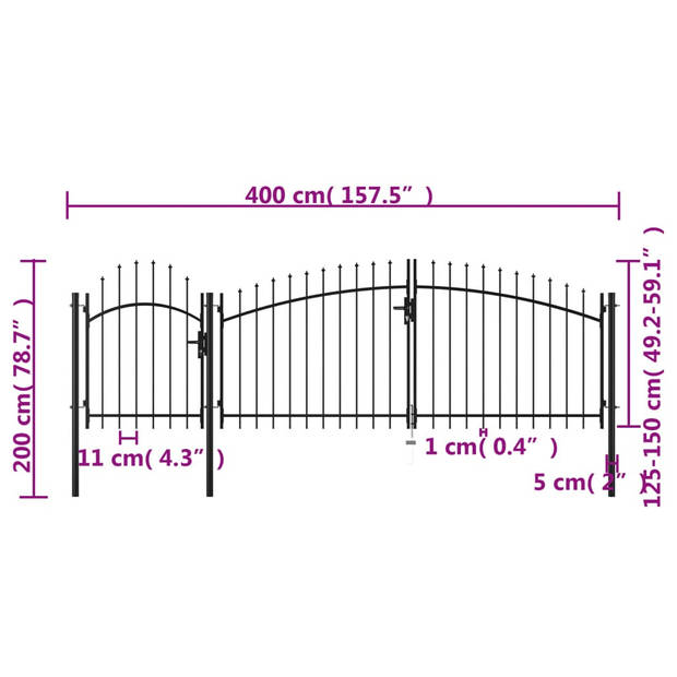 The Living Store Tuinpoort - Zwart gepoedercoat staal - 2 x 4 m (H x L) - 1.25 - 1.5 x 4 m paneel - 1.75 m paal -