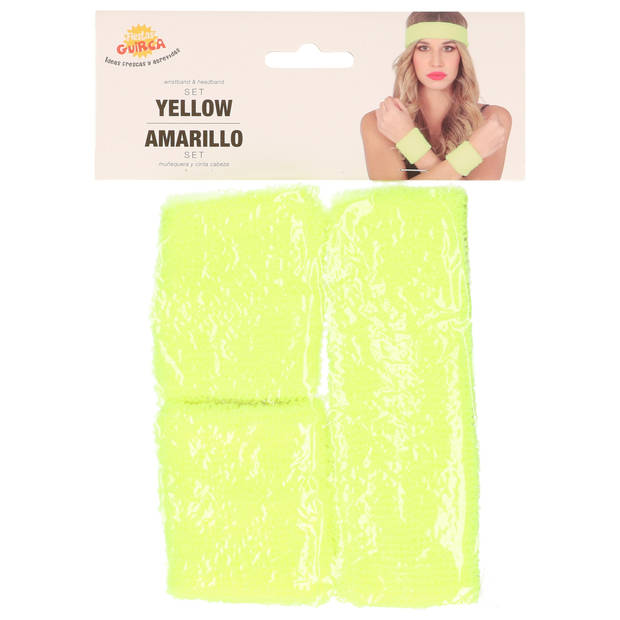 Guirca verkleed accessoire zweetbandjes set - neon geel - jaren 80/90 thema feestje - Verkleedsieraden
