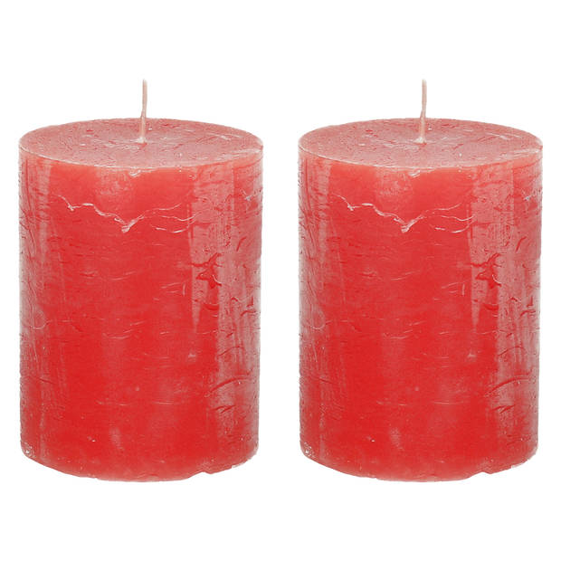 Stompkaars/cilinderkaars - 2x - rood - 7 x 9 cm - middel rustiek model - Stompkaarsen
