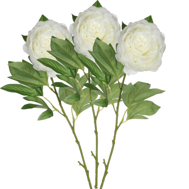 Mica Decorations Kunstbloem pioenroos - 3x - Creme - 76 cm - polyester - decoratie bloemen - Kunstbloemen