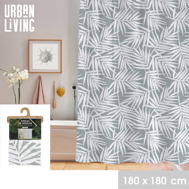 Urban Living Douchegordijn met ringen - wit/grijs - Jungle print - PVC - 180 x 180 cm - wasbaar - Douchegordijnen