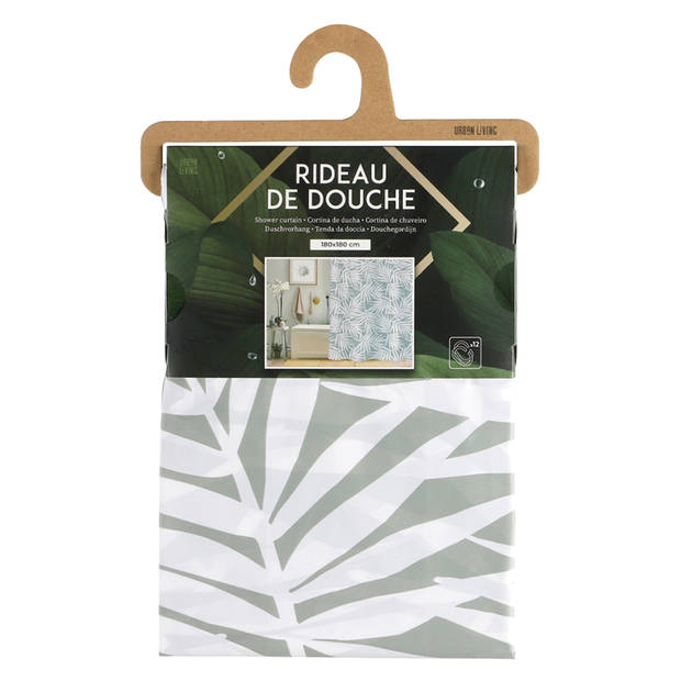 Douchegordijn met ringen - wit/Jungle - pvc - 180 x 180 cm - incl ophangstang uitschuifbaar 70-120 cm - Douchegordijnen