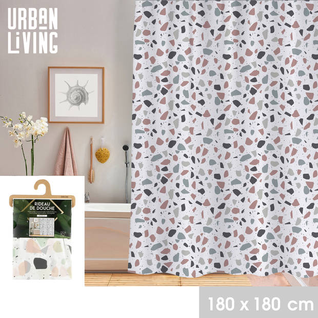 Urban Living Douchegordijn met ringen - wit/multi kleuren - mozaiek print - PVC - 180 x 180 cm - wasbaar - Douchegordijn