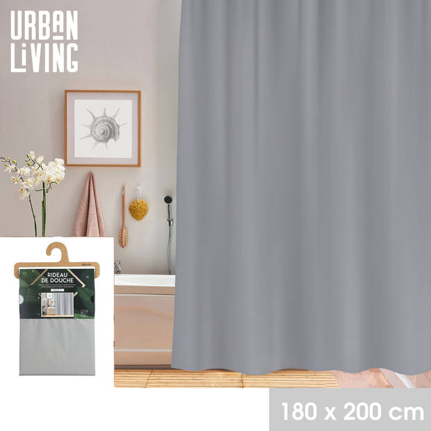 Urban Living Douchegordijn met ringen - grijs - pvc - 180 x 200 cm - wasbaar - Douchegordijnen