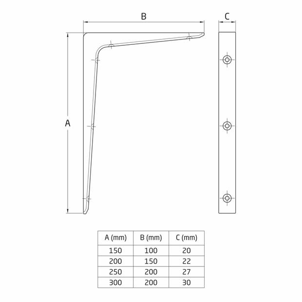 AMIG Plankdrager/planksteun - 2x - aluminium - gelakt zilvergrijs - H200 x B150 mm - Plankdragers