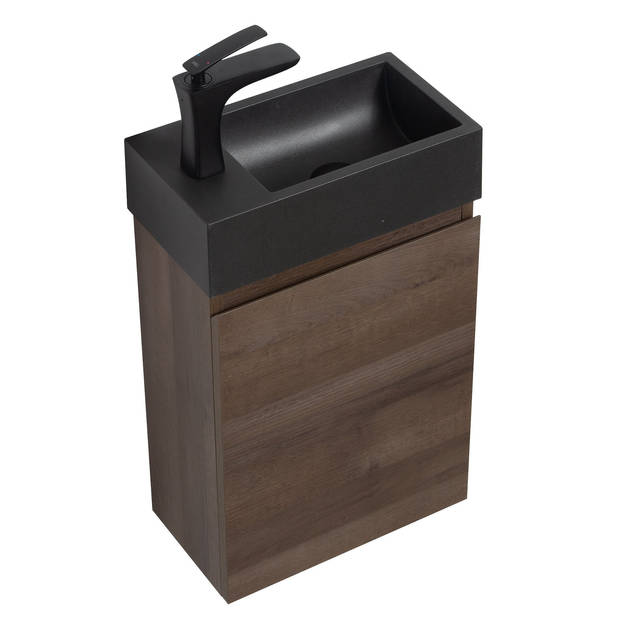 Badplaats Toiletmeubel Angela 40cm - bruin eiken met zwarte wastafel