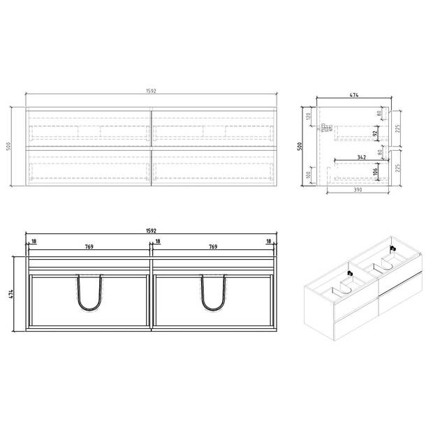 Badplaats Badkamermeubel Angela 160cm - hoogglans wit