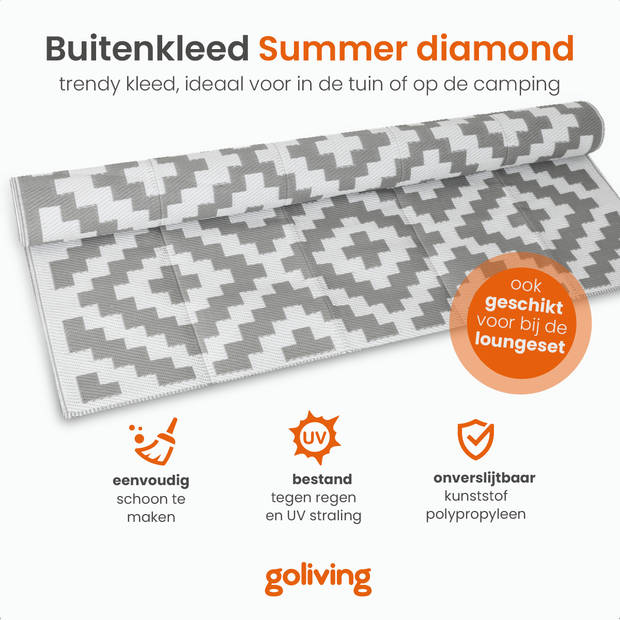 Goliving Buitenkleed Summer Diamond - 183x290CM - Tuintapijt - Vloerkleed - Omkeerbaar - Incl. Draagtas - Grijs/Wit