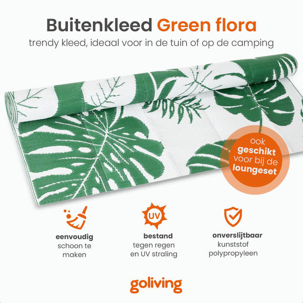 Goliving Buitenkleed Green Flora - 183x290CM - Tuintapijt - Vloerkleed - Omkeerbaar - Incl. Draagtas - Groen/Wit