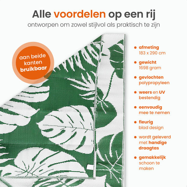 Goliving Buitenkleed Green Flora - 183x290CM - Tuintapijt - Vloerkleed - Omkeerbaar - Incl. Draagtas - Groen/Wit