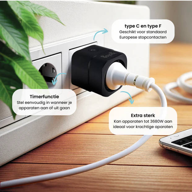 Gologi Slimme stekker - Smart plug - Tijdschakelaar & Energiemeter - WIFI - Google Home & Amazon Alexa - 4 Stuks - Zwart