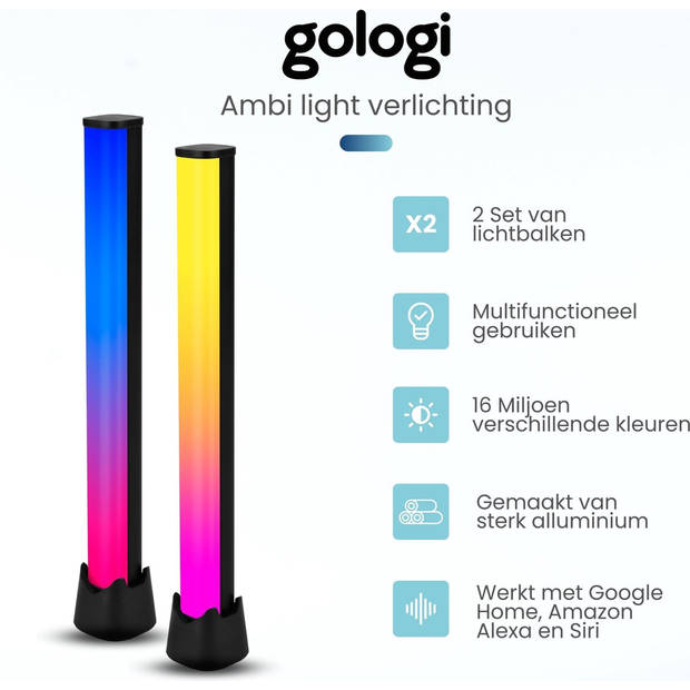 Gologi Slimme Sfeerverlichting - Tafellamp - Monitor Verlichting - Bureaulamp - Game Lamp - LED - Aluminium - 2 Stuks