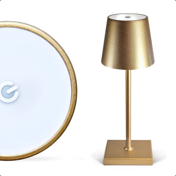 Goliving Tafellamp Oplaadbaar – Draadloos en dimbaar – Moderne touch lamp – Nachtlamp – 26 cm – Goud