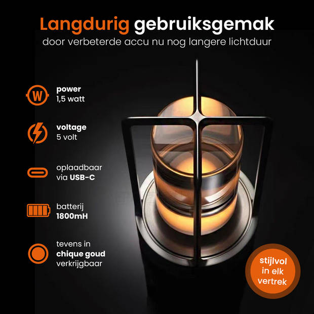 Goliving Tafellamp Oplaadbaar – Lantaarn – Draadloos en dimbaar – Moderne touch lamp – 17.5 cm – Zwart