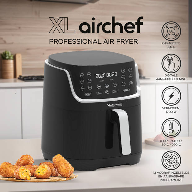 TurboTronic AF13D Airfryer XL - Heteluchtfriteuse - 8 Liter - Zwart