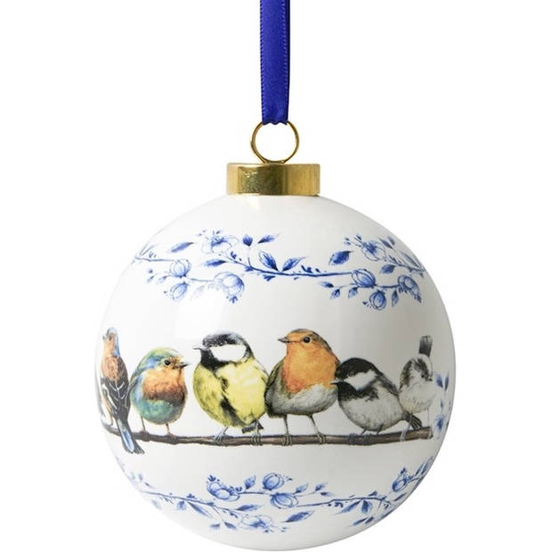 Heinen Delfts Blauw Porseleinen kerstbal met bosvogeltjes Kersthanger 8 cm doorsnee