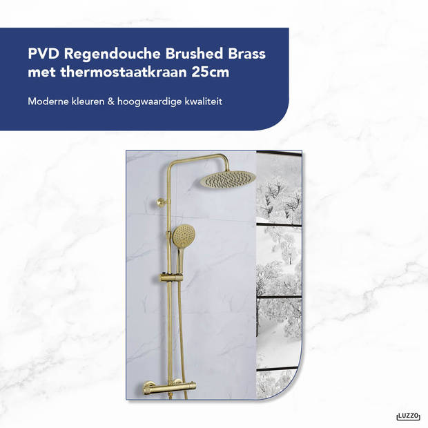 Luzzo® PVD Regendouche Brushed Brass met thermostaatkraan - 25cm