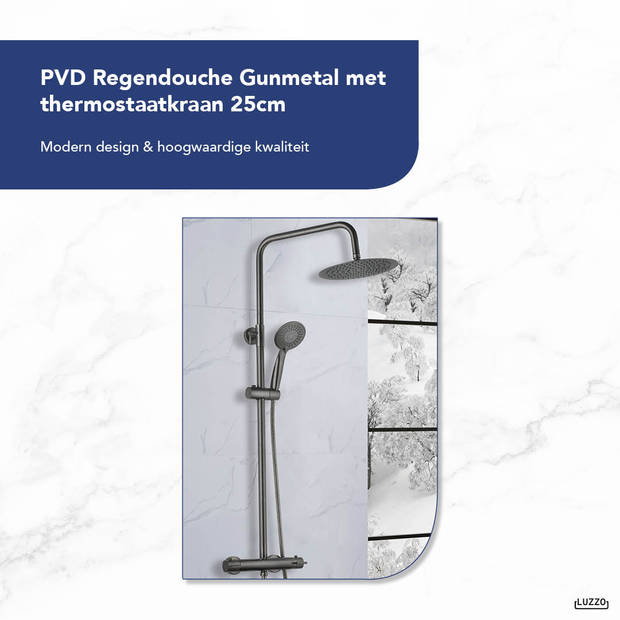 Luzzo® PVD Regendouche Gunmetal met thermostaatkraan - 25cm
