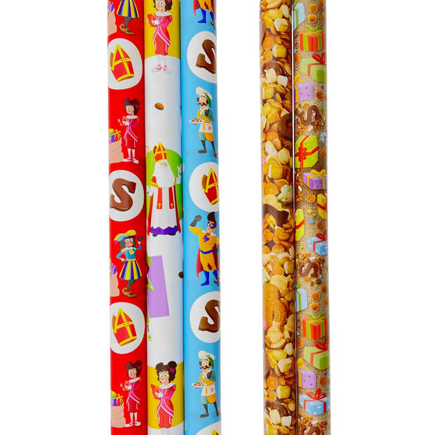 Sinterklaas cadeaupapier - Inpakpapier pakket 5 rollen & naametiketten