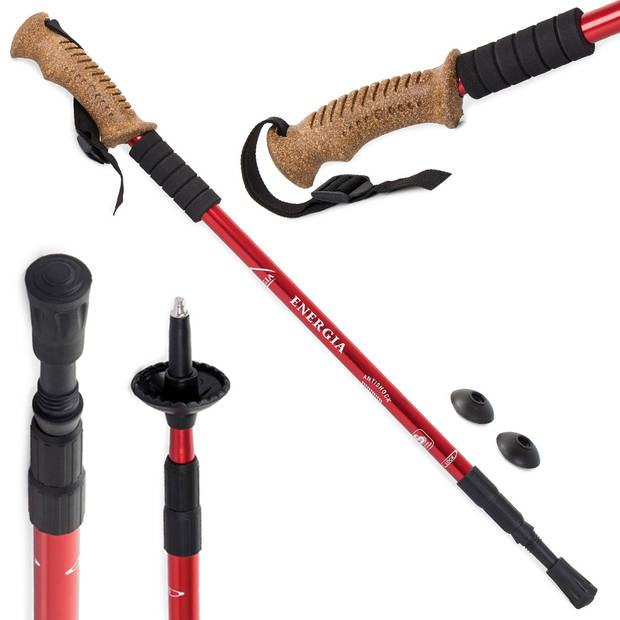 Energia nordic walking wandelstokken set van 2 - handvat van kurk - 65 cm tot 135 cm rood