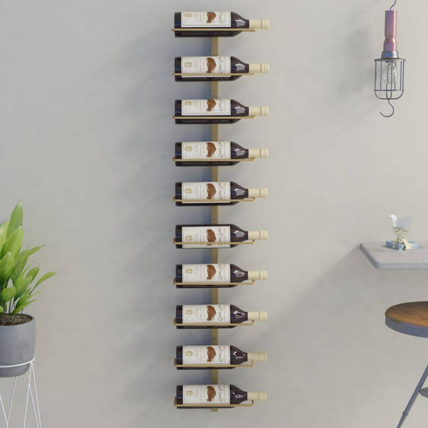 The Living Store Wijnrek Wandgemonteerd - 24 x 9 x 120 cm - Goud - Metaal - Geschikt voor 10 wijnflessen - Inclusief