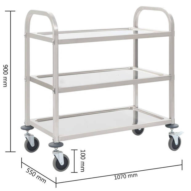 The Living Store Keukentrolley - 96.5 x 55 x 90 cm - Roestvrij staal - 3-laags - Stabiel en stevig - Rembare wielen