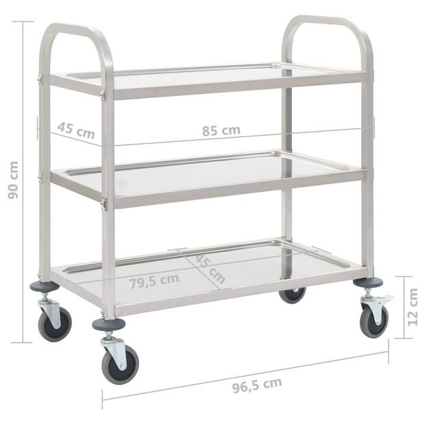 The Living Store Keukentrolley - 96.5 x 55 x 90 cm - Roestvrij staal - 3-laags - Stabiel en stevig - Rembare wielen