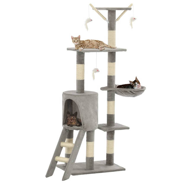 The Living Store Kattenkrabpaal - Grijs - 138 cm - Met muizenspeeltjes - ladder - comfortabel huis -