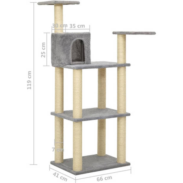 The Living Store Kattenboom - Lichtgrijs - Bewerkt hout - pluche en sisal - 66x41x119cm - Huisje - krabpalen en