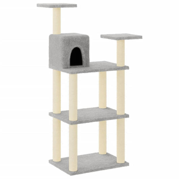 The Living Store Kattenboom - Lichtgrijs - Bewerkt hout - pluche en sisal - 66x41x119cm - Huisje - krabpalen en