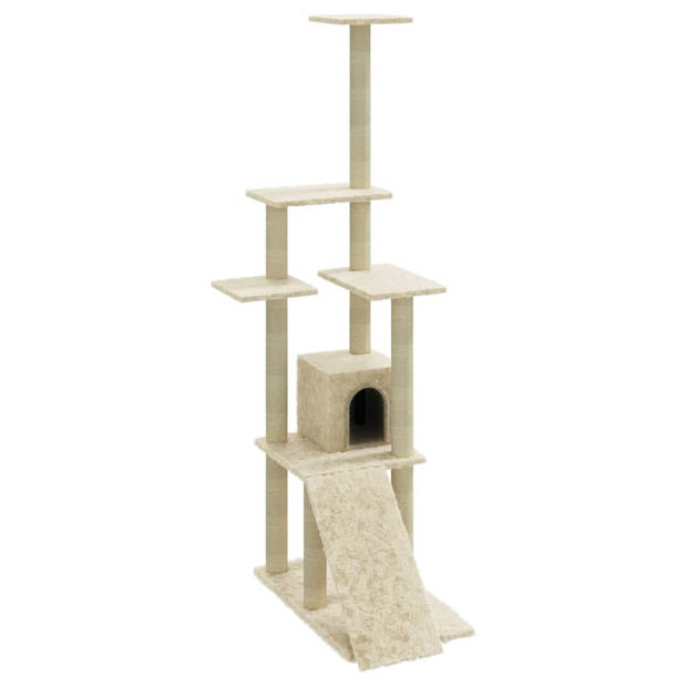 The Living Store Kattenboom - Kattenmeubel - Afmeting- 54x73x155cm - Kleur- crème - Materiaal- bewerkt hout - pluche